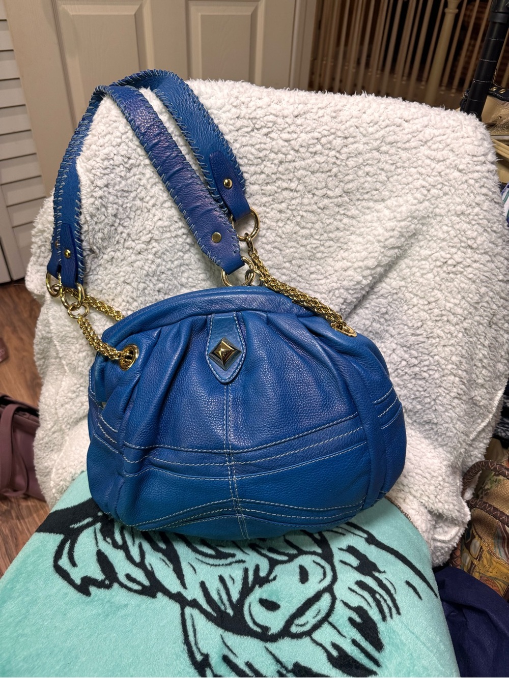 orYANY Blue Leather Shoulder Bag with Gold Chain Straps